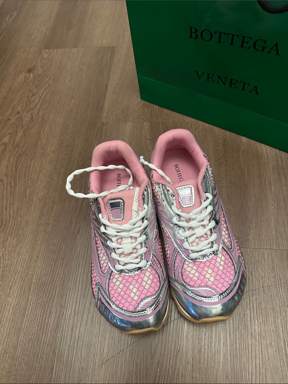 Bottega Veneta Pink Mesh Sneakers with Silver Trim - Picture 1 of 5